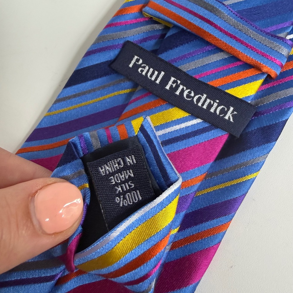 Paul Fredrick Necktie Mens rainbow Striped Silk Formal Business Tie blue pink - Picture 3 of 4
